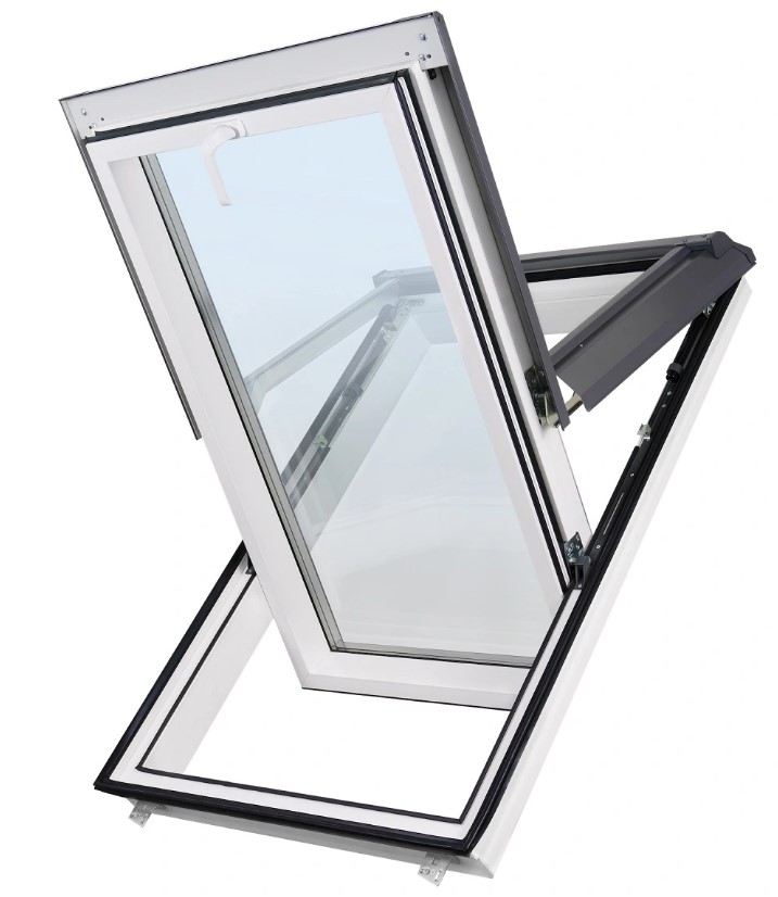 Plastové střešní okno SUPRO Triple Termo &quot;bílá&quot; - hnědé oplechování (8019), 55cm x 98cm