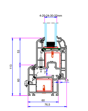 Řez profilu Wintech W632 Sklepní okno Wintech – řez profilu W632