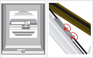 Vlevo pozice okna - štěrbinové větrání, vpravo regulace otevírání