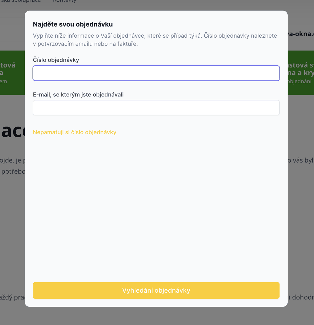 Ukázka online formuláře pro vrácení zboží a reklamace na e-shopu Skladová okna