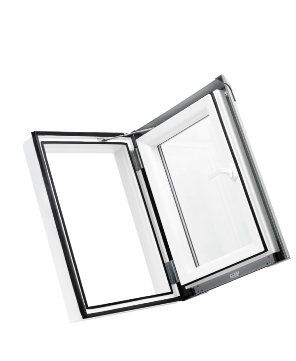 Skladová okna Plastový střešní výlez PREMIUM 550×780 "bílá" - šedé oplechování (7043), otevírání levé, 55cm x 78cm