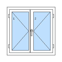 Okno dvoukřídlé bez sloupku - Levé i pravé křídlo pouze otvíravé, klika na pravém křídle
