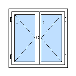 Okno dvoukřídlé bez sloupku - Levé i pravé křídlo pouze otvíravé, klika na levém křídle